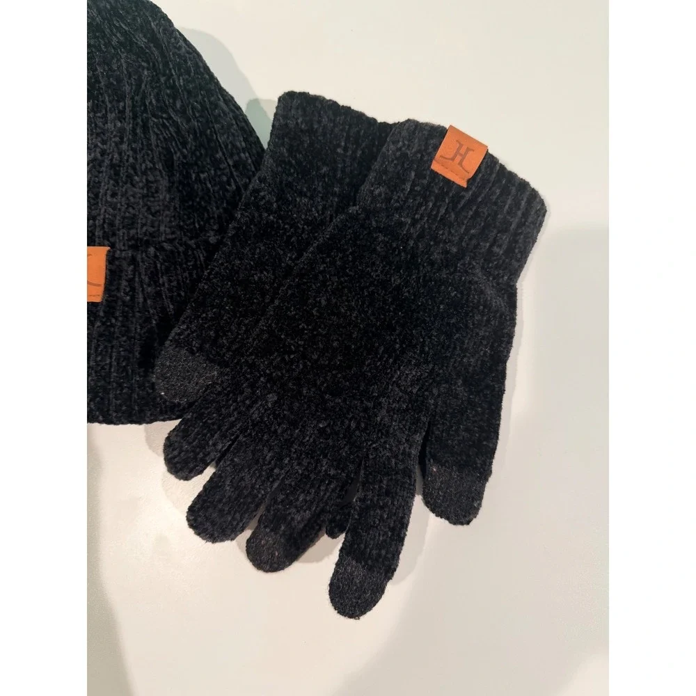 Black Chenille Knit Beanie and Touchscreen Glove Set with Logo Patch